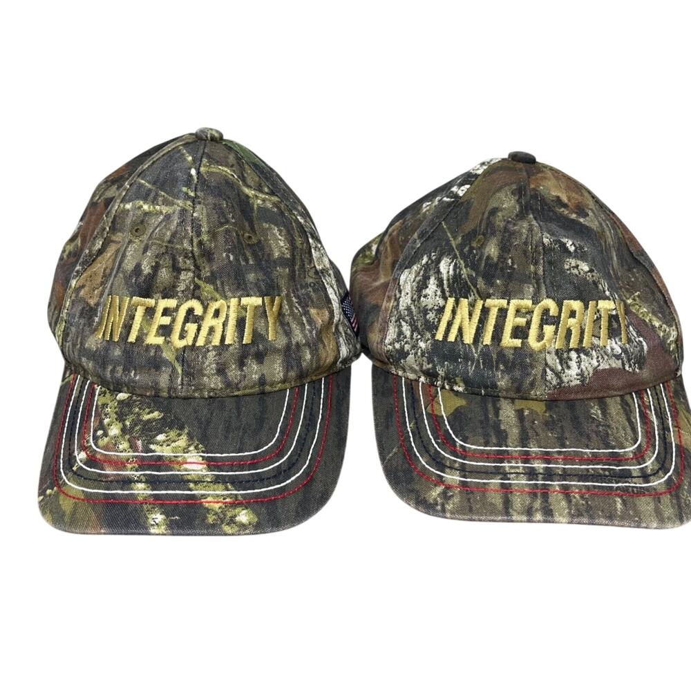 2 Camo Hats Integrity USA Flag Mossy Oak Camouflage Strap Back Hunting Outdoors